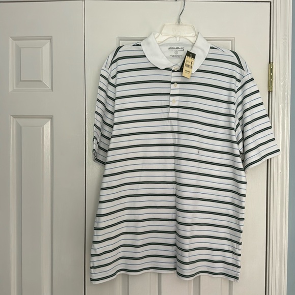 Men’s short sleeve, white striped polo.  NWT.  Eddie Bauer. - Picture 1 of 5